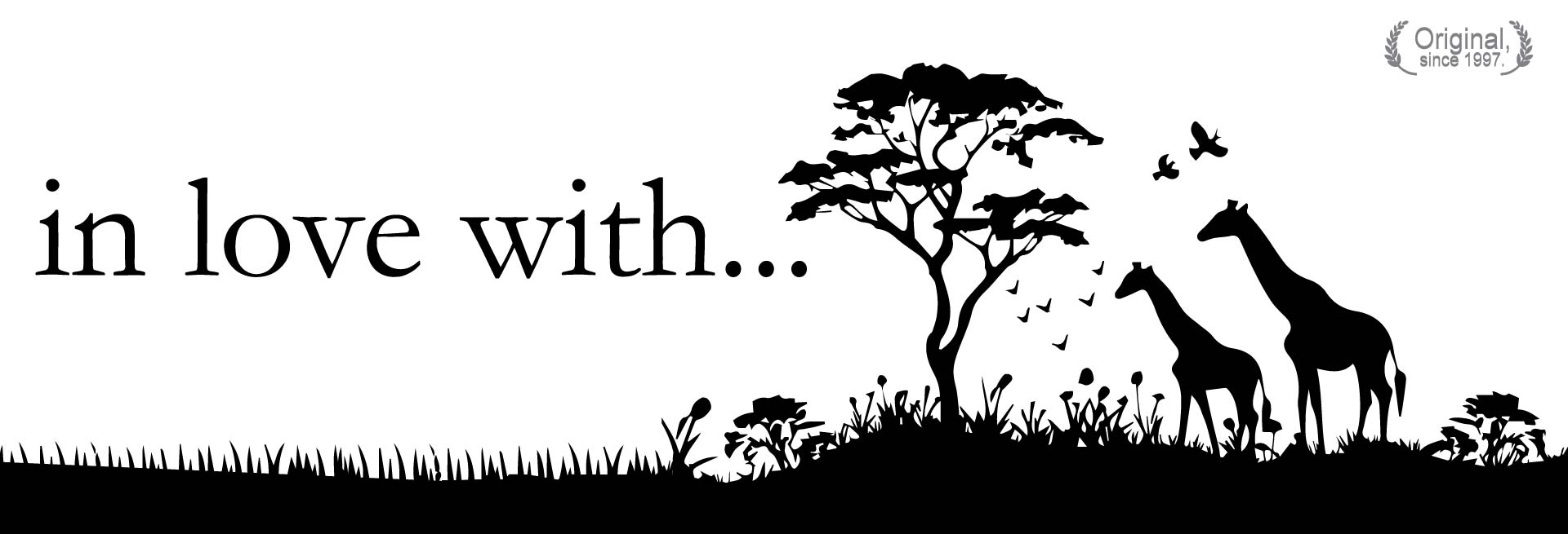 Pets T-shirt banner featuring a silhouette of two giraffes, a tree, and birds in a grassy landscape with the text 'In love with...' – promoting pet and animal-themed apparel.