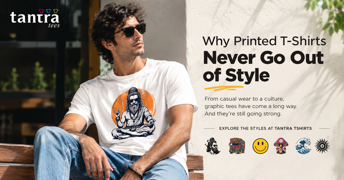 Person wearing a graphic printed T-shirt from Tantra T-Shirts