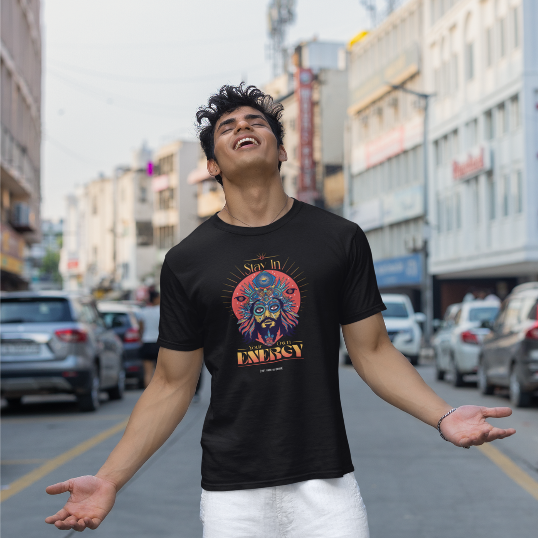 Own Energy Front & Back Graphic Polycotton Single Jersey Unisex T-Shirt Everyday Regular Fit Casual Wear