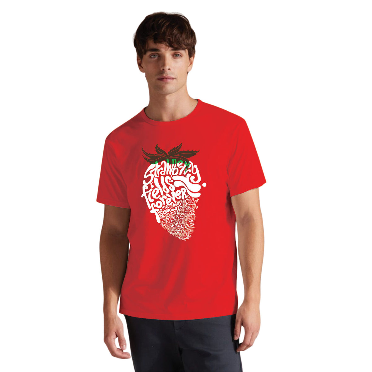 Strawberry Typography Art Men's T-Shirt | Bold Fruit Silhouette Graphic | Casual Wear | Tantra Original Since 1997