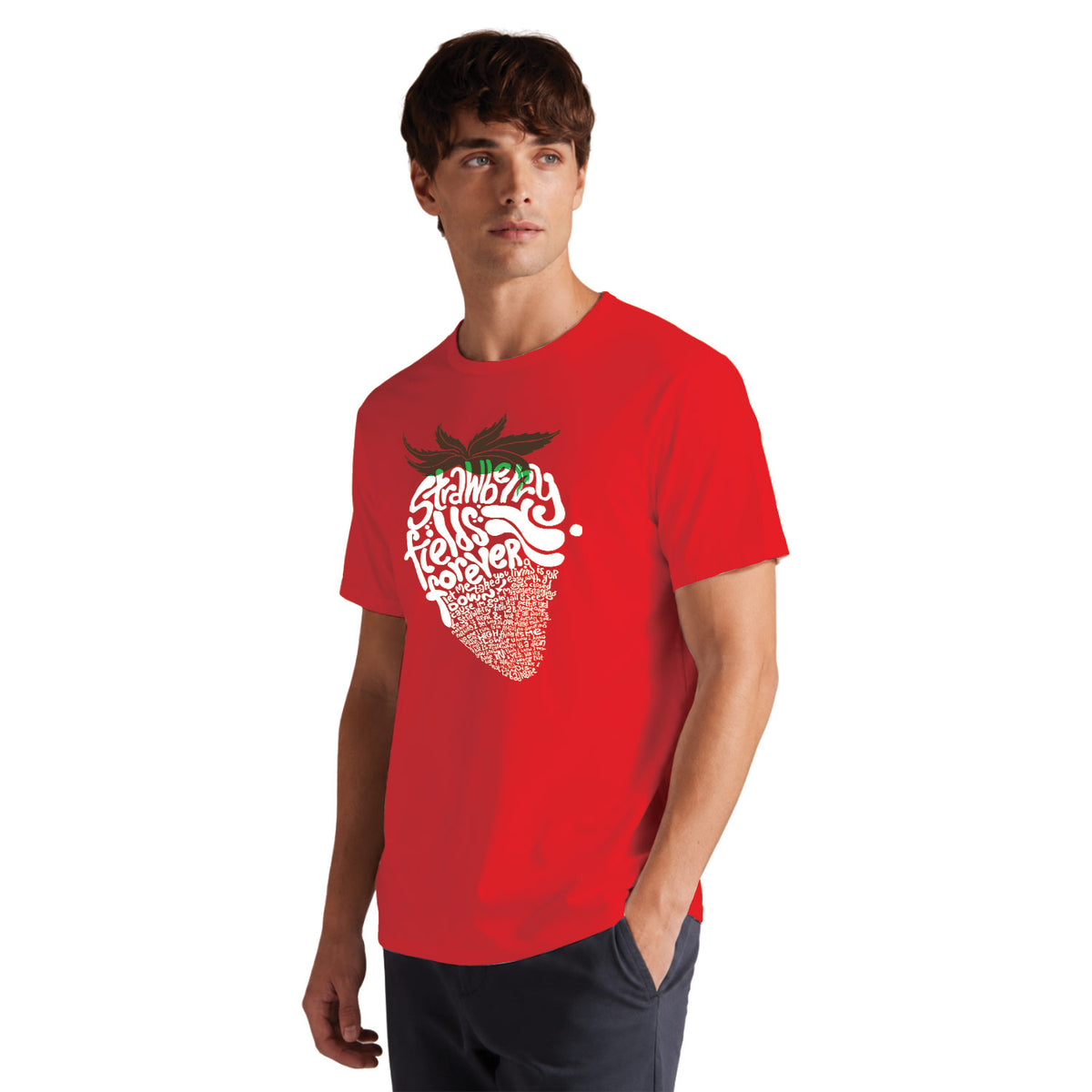 Strawberry Typography Art Men's T-Shirt | Bold Fruit Silhouette Graphic | Casual Wear | Tantra Original Since 1997