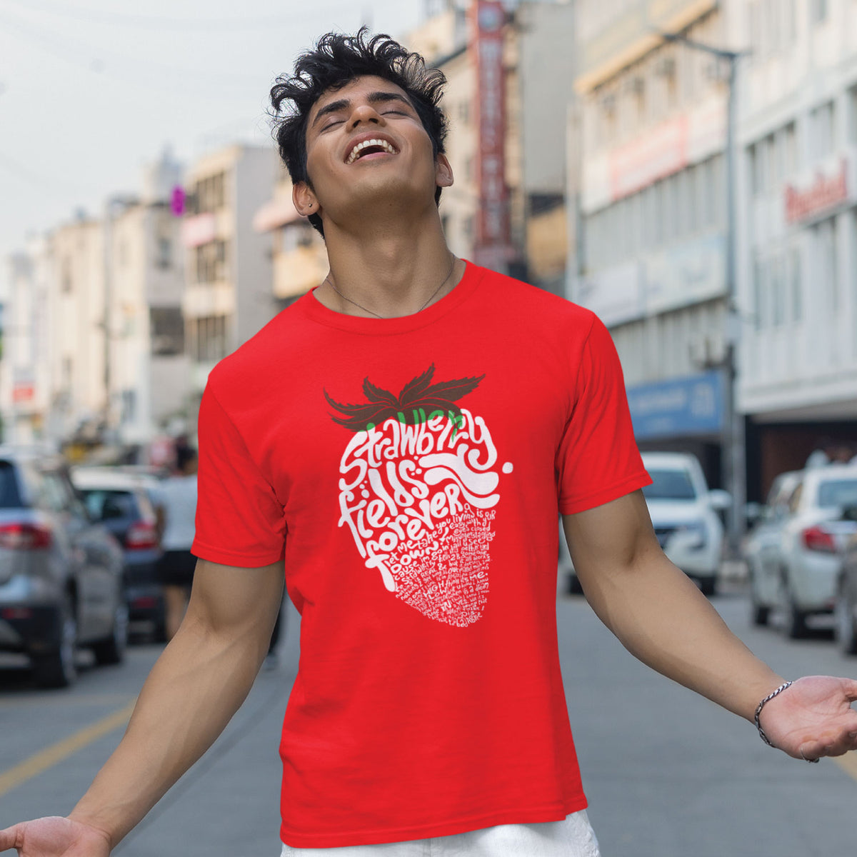 Strawberry Typography Art Men's T-Shirt | Bold Fruit Silhouette Graphic | Casual Wear | Tantra Original Since 1997