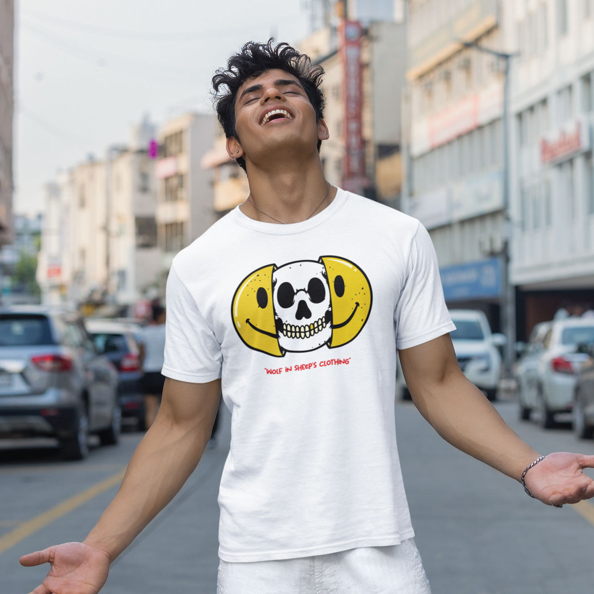 Wolf Smiley Skull Graphic T-Shirt | Dark Humor Art | Bold Statement Casual Wear | Original Since 1997