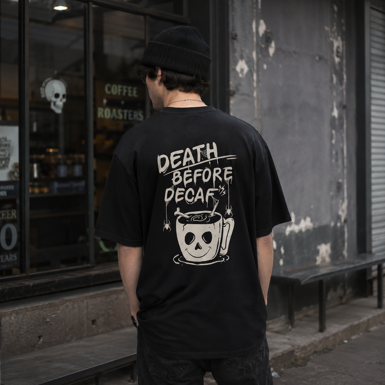 Before Decaf Oversize Back Print – Tantra Original Brand Since 1997 – Unisex Cotton Tee Everyday Wear - Shipping Globally!