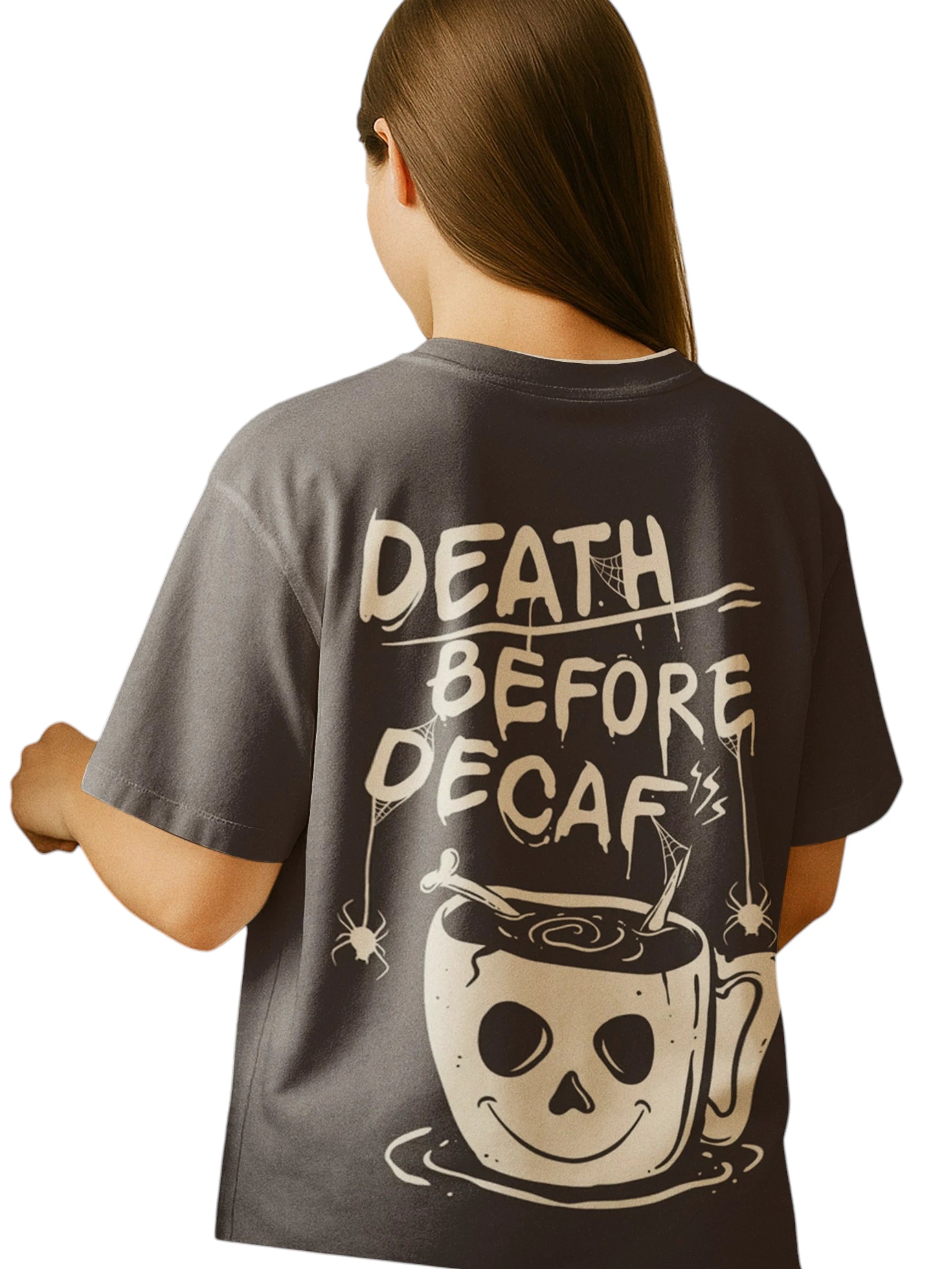 Before Decaf Oversize Back Print – Tantra Original Brand Since 1997 – Unisex Cotton Tee Everyday Wear - Shipping Globally!